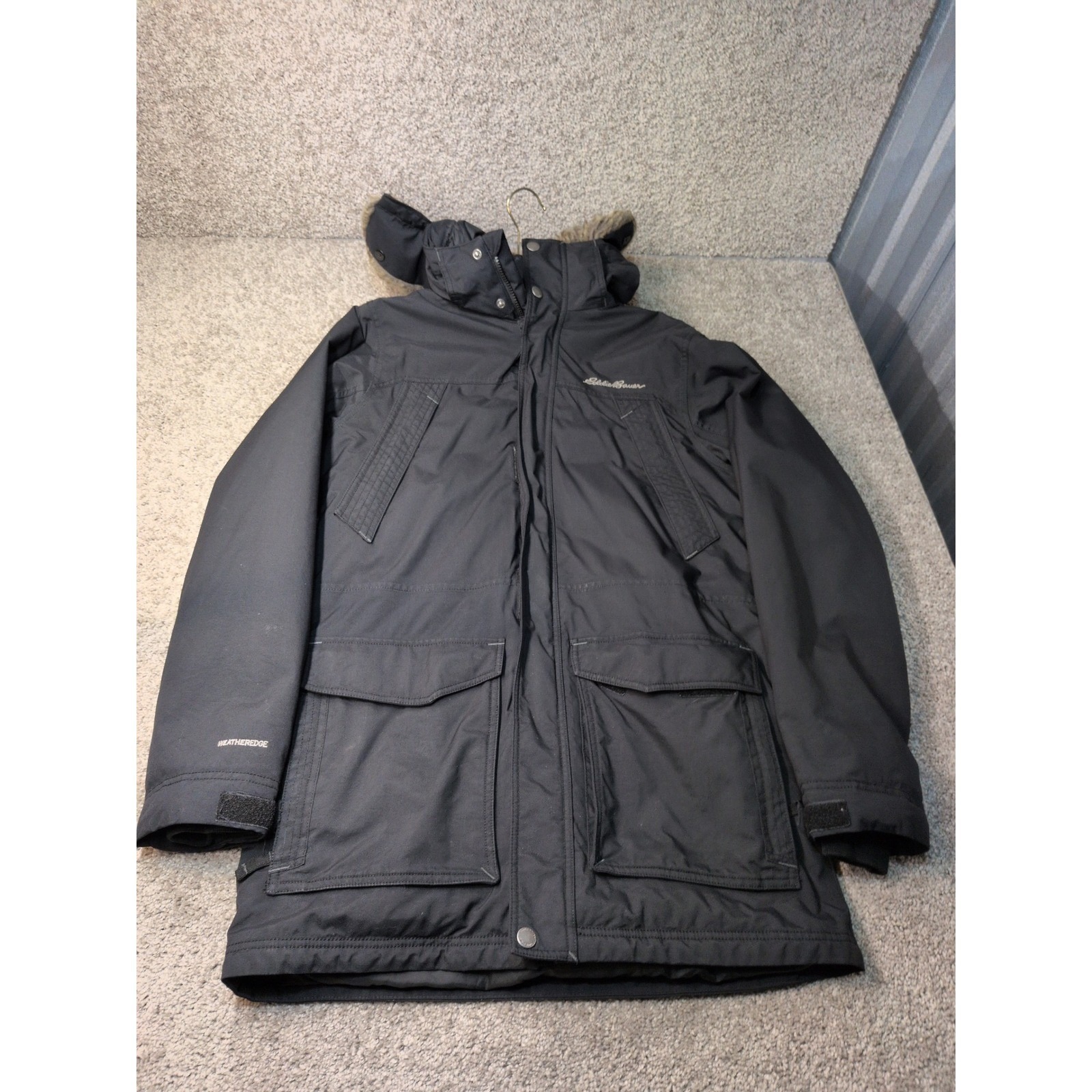 Eddie Bauer Weatheredge Mens Down Parka Black Faux Fur Hood Jacket Medium Tall